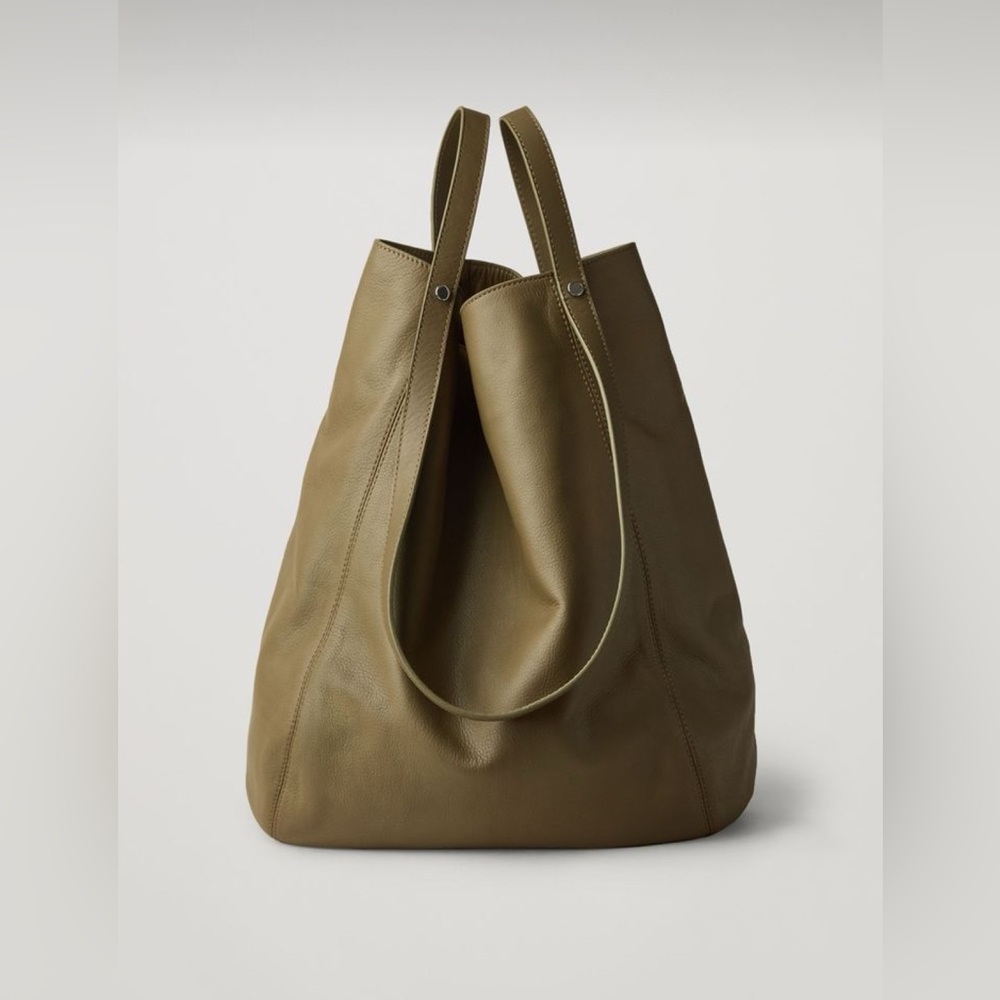 COS Olive Leather Shopper Tote Bag